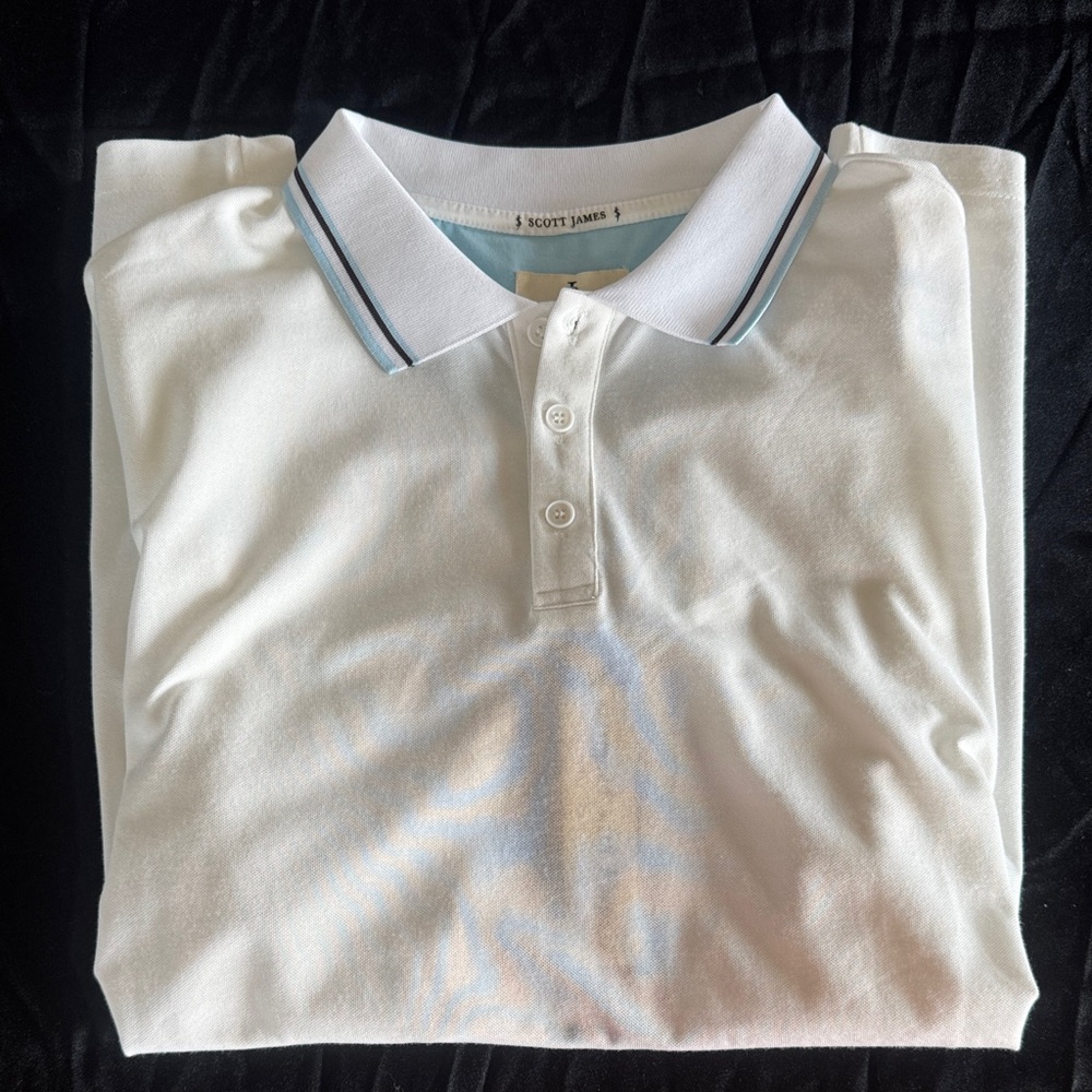 Scott James White Polo with Blue-Trim Contrast Collar